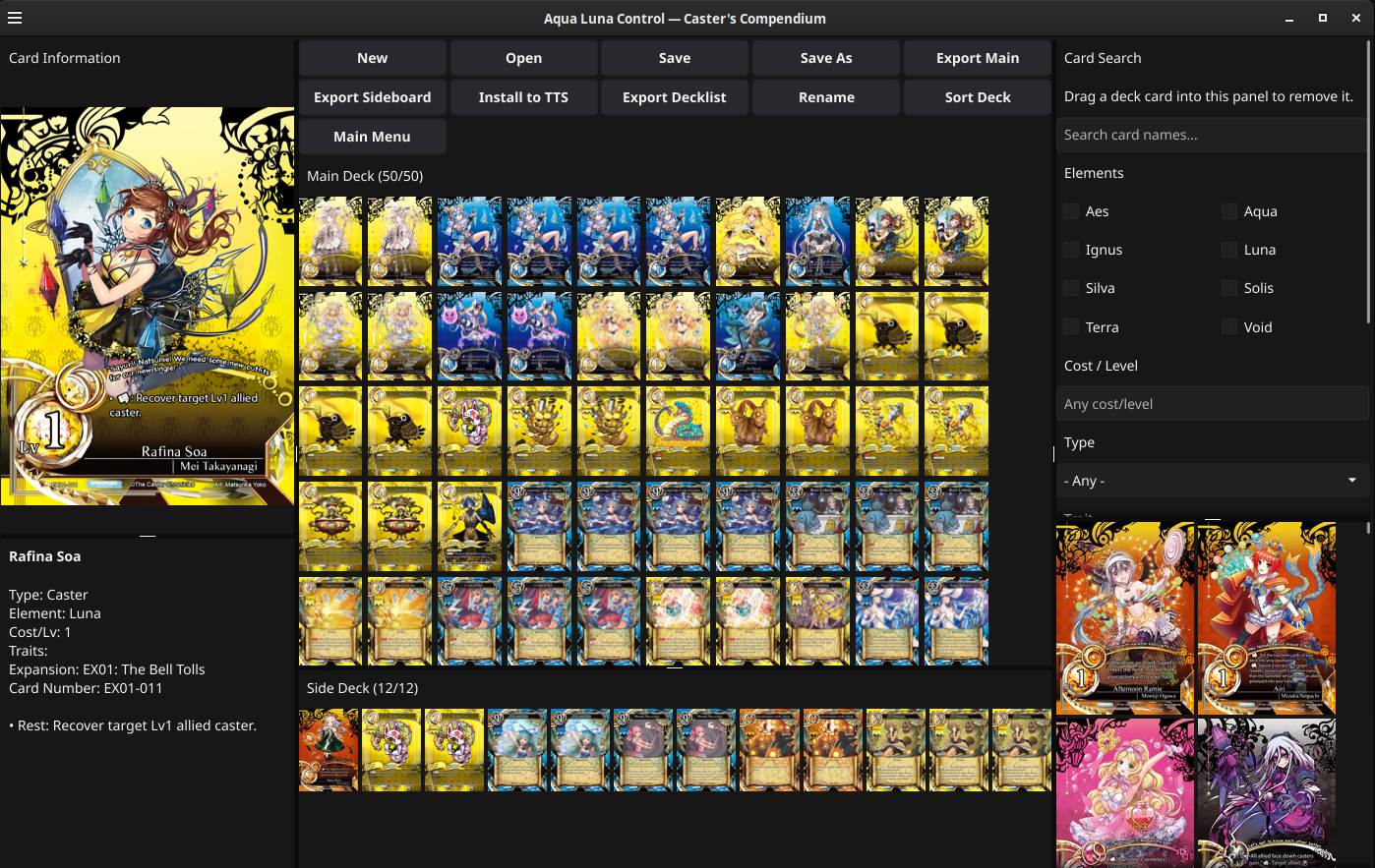 Caster's Compendium editor displaying the Aqua Luna Control deck, card details, a 50-card main deck, a 12-card sideboard, and card-search filters.