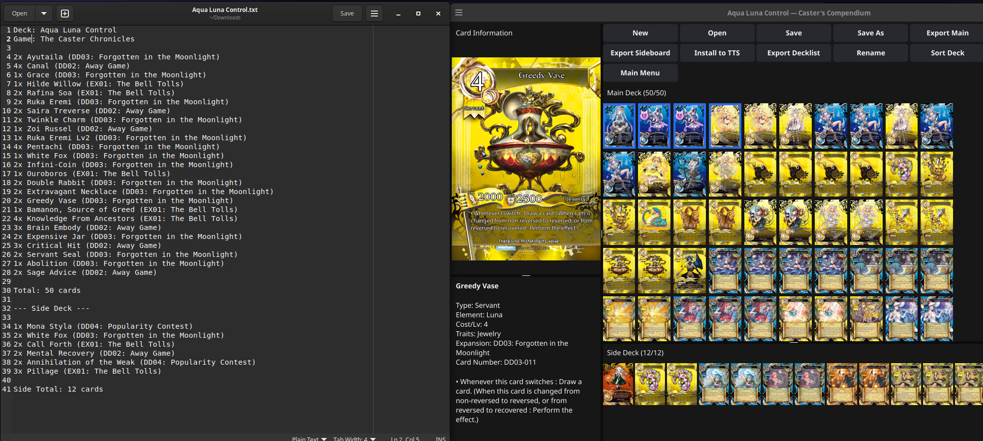 A Speedrobo-compatible exported text decklist shown beside the corresponding deck in Caster's Compendium.