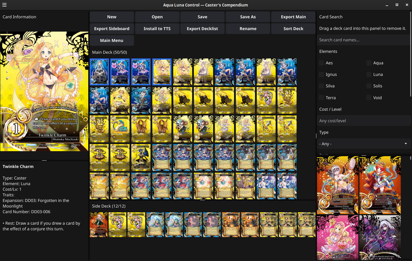 Caster's Compendium deck editor with multiple individual card copies selected in the main deck.